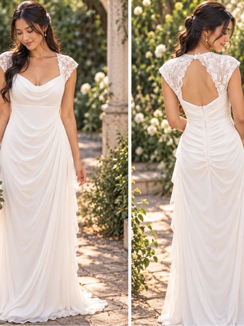 Xscape Ivory Lace Cap-Sleeve Open-Back Bridal Gown